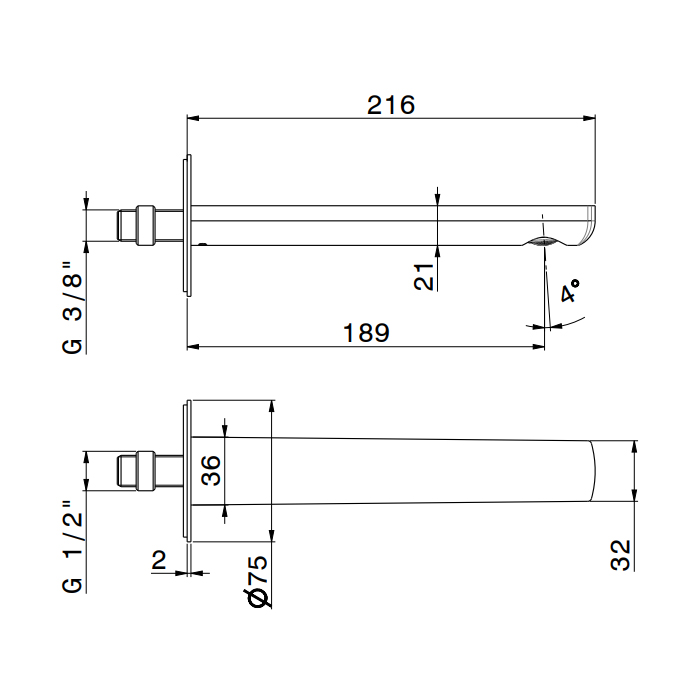 Newform Haka Излив для раковины 18.9см., настенный, с подключением на 1/2”, цвет: PVD brushed stainless steel