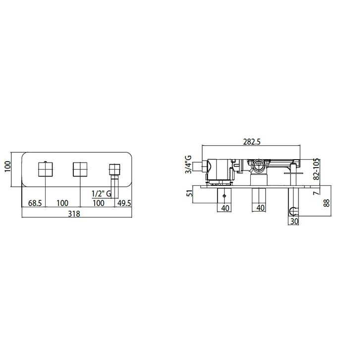Bossini Cube Комплект:Термостат для душа, встраиваемый, с девиатором на 2 выхода,  с держателем с водорозеткой, подключение на 3/4”, цвет: хром