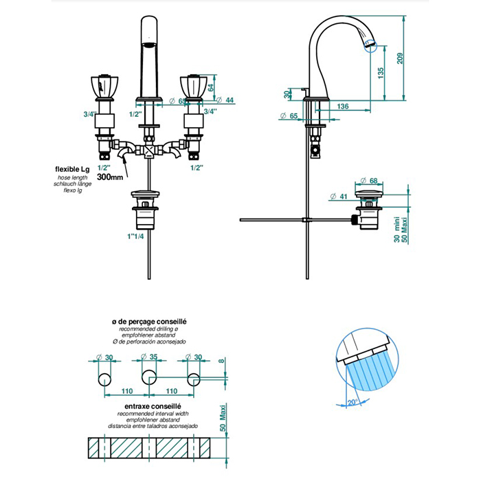 THG Petale de Cristal rouge Смеситель для раковины на 3 отверстия, с донным клапаном, цвет: полированное золото