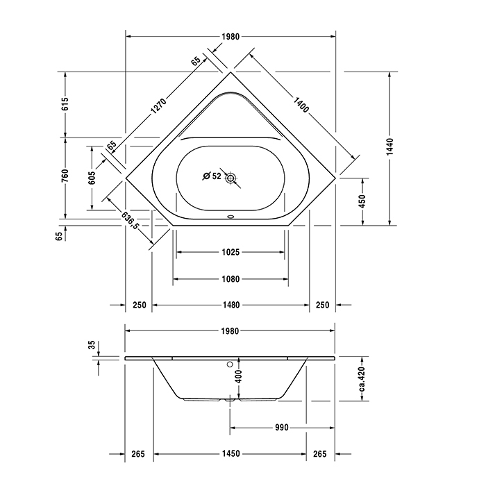Duravit D-code Ванна угловая 140х140х42см., встраиваемая, акрил, цвет: белый