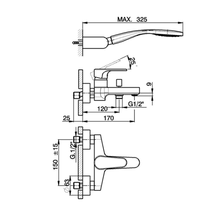 Cisal Alma Смеситель для ванны, настенный, с ручным душем, держателем и шлангом, цвет: хром
