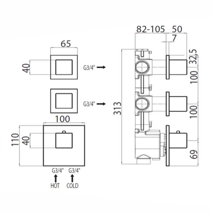 Bossini Oki Термостат для душа, встраиваемый, с девиаторм/запорным вентилем на 2 - 4 выхода, уст-ка верт/гор., цвет: хром