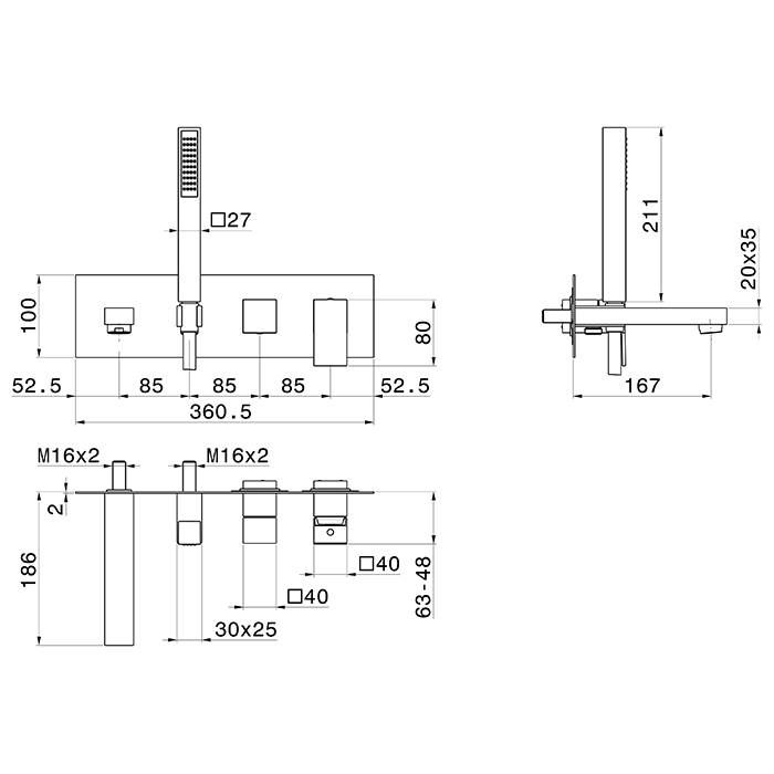 Newform Ergo Q Смеситель для ванны, встраиваемый, 2 потока, с изливом и ручным душем, внешняя часть, цвет: черный матовый
