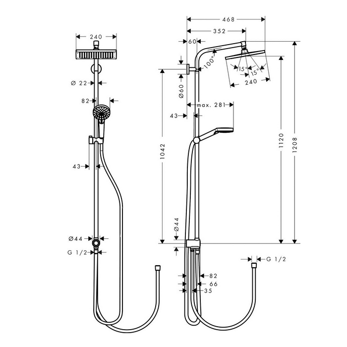 Hansgrohe Crometta E Душевая стойка с верхним душем 24см, ручным душем и шлангом 150см, цвет: хром