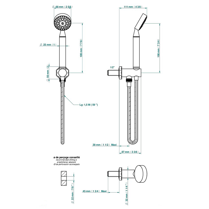 THG Nihal Porcelaine Ivoire Душевой комплект с ручным душем, держатель с подводом воды и шланг 1500 мм., цвет: Soft gold