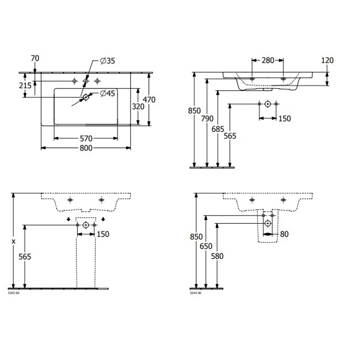 Villeroy&Boch Subway 3.0 Раковина 80х47х16.5см., 1 отв., подвесная, цвет: альпийский белый