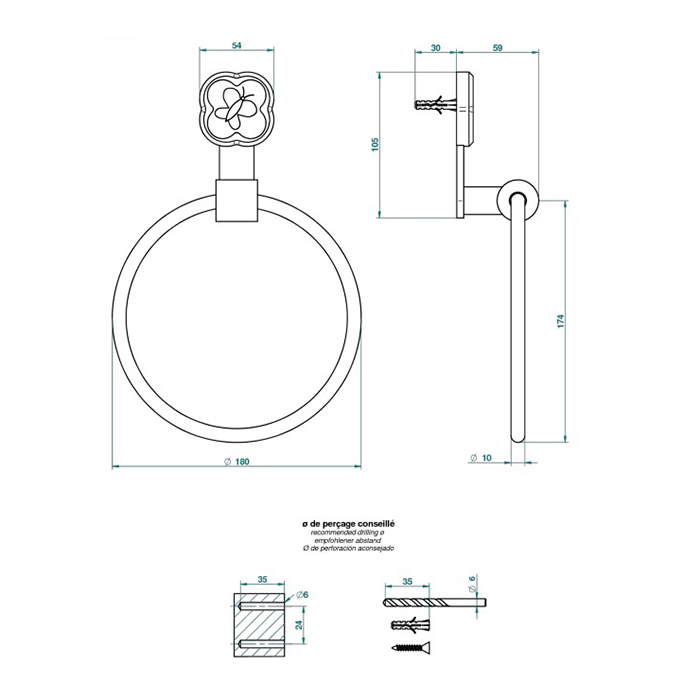 THG CAPUCINE VERT DECOR PLATINE Полотенцедержатель-кольцо 18см., декор зеленый, цвет: хром