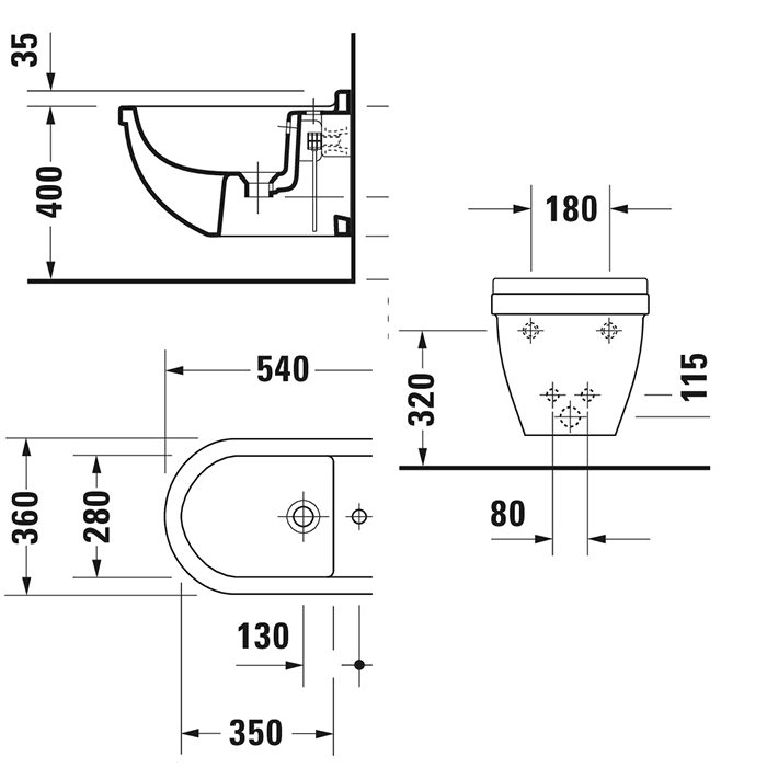 Duravit Starck 3 Биде подвесное 54х36см., с 1 отв., крепления Durafix, цвет: белый 