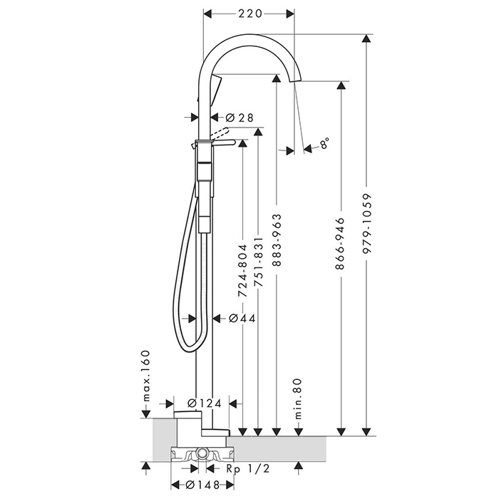 Axor One Смеситель для ванны, напольный, с душевым гарнитуром, внешняя часть, цвет: черный матовый