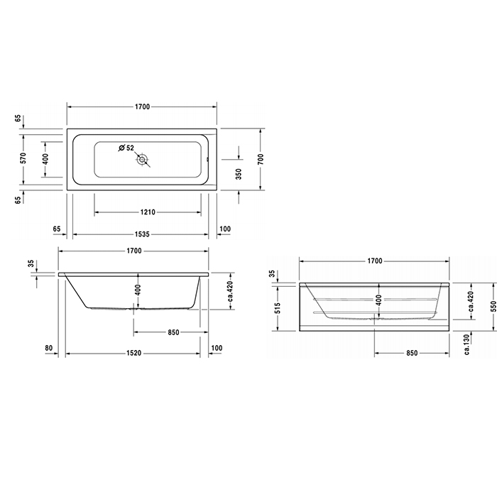 Duravit D-Code  Ванна акриловая прямоугольная 170х70x40см, встраиваемая, с 1 наклоном для спины, выпуск центральный , цвет: белый