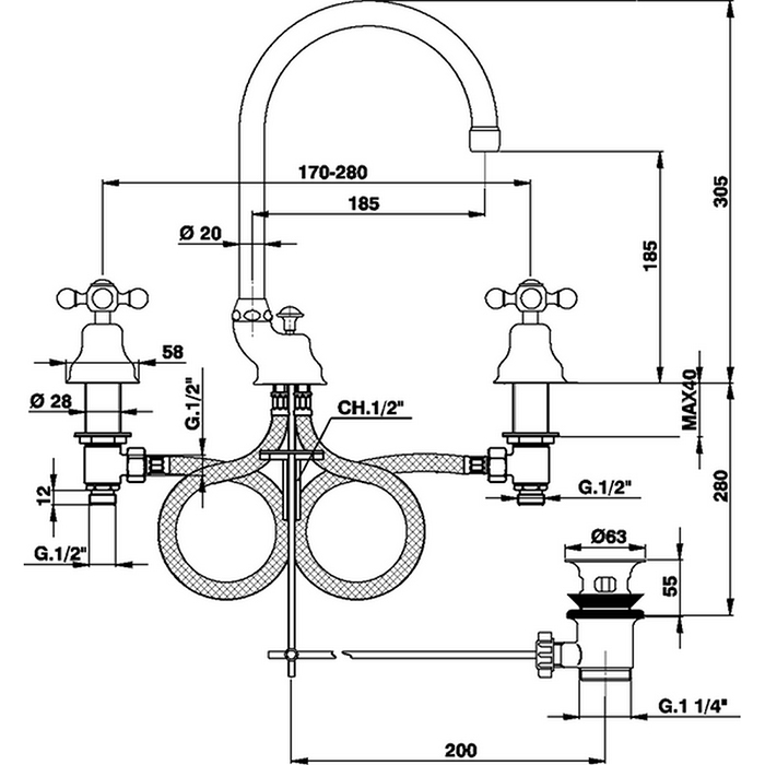 CISAL Arcana Ceramic Смеситель для раковины на 3 отверстия, с донным клапаном, цвет: золото