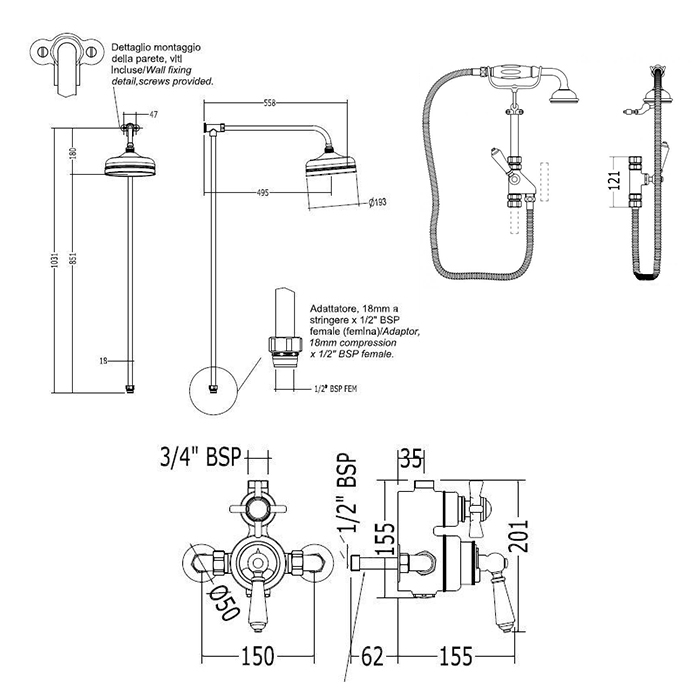 Devon&Devon Душевая стойка с термостатическим смесителем, верхний душ 20см, ручной душ, цвет: бронза