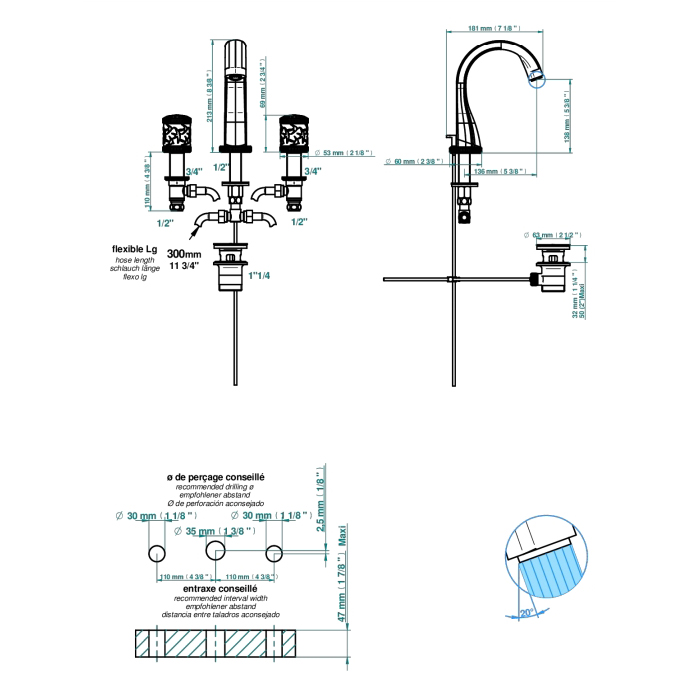 THG Hirondelles Platinum Stamped Смеситель для раковины, 3 отв., цвет: Polished nickel