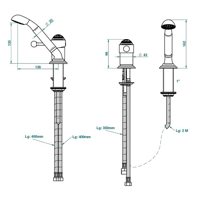 THG Marquise platinum decor Смеситель на борт ванны на 2 отв, однорычажный, без излива, с ручным душем, ручки белые, декор платина, цвет: хром