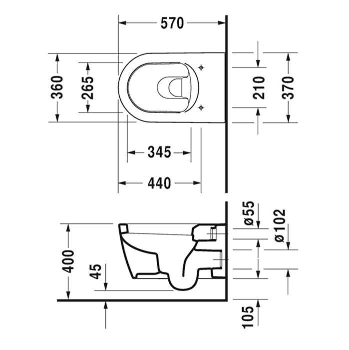 Duravit ME by Starck Унитаз 37x57см., подвесной, с вертикальным смывом, вкл. крепление Durafix, цвет: белый