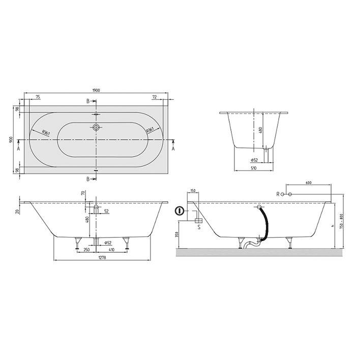 Villeroy&Boch Oberon Ванна 190х90х48см., встраиваемая, слив, ножки, Quaryl, цвет: альпийский белый