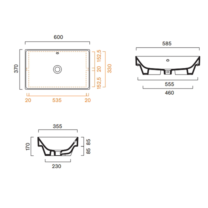 Catalano Zero Раковина 60x37см встраиваемая, без отв., цвет: белый глянцевый