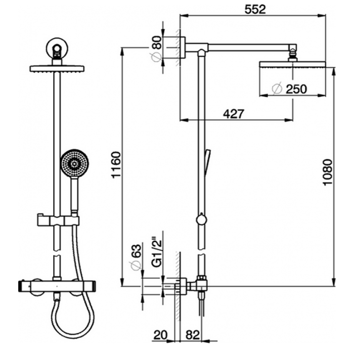 CISAL Roadster Настенная душевая система:термостатический смеситель для душа,верхний душ,ручной душ с держателем и шлангом, цвет: хром