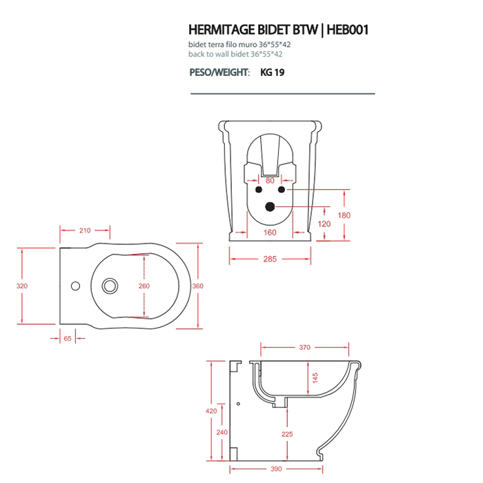 Artceram HERMITAGE биде напольное 52х38см, пристенное 55х36см с 1 отв под смеситель с креплением, цвет: белый