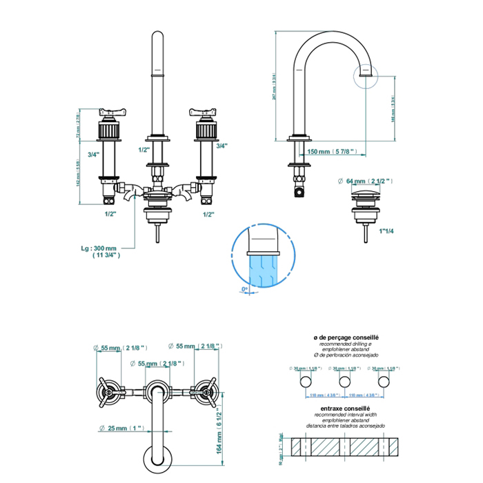 THG Hamptons Смеситель для раковины, на 3 отв, в комплекте с донным клапаном, цвет: Polished nickel