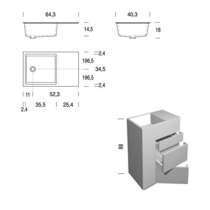 NOORTH milldue edition TOUCH Комплект мебели 64х40х88см, напольный, 3 ящика, слив в пол, раковина Milltek, смеситель H2O, цвет: Argilla матовый