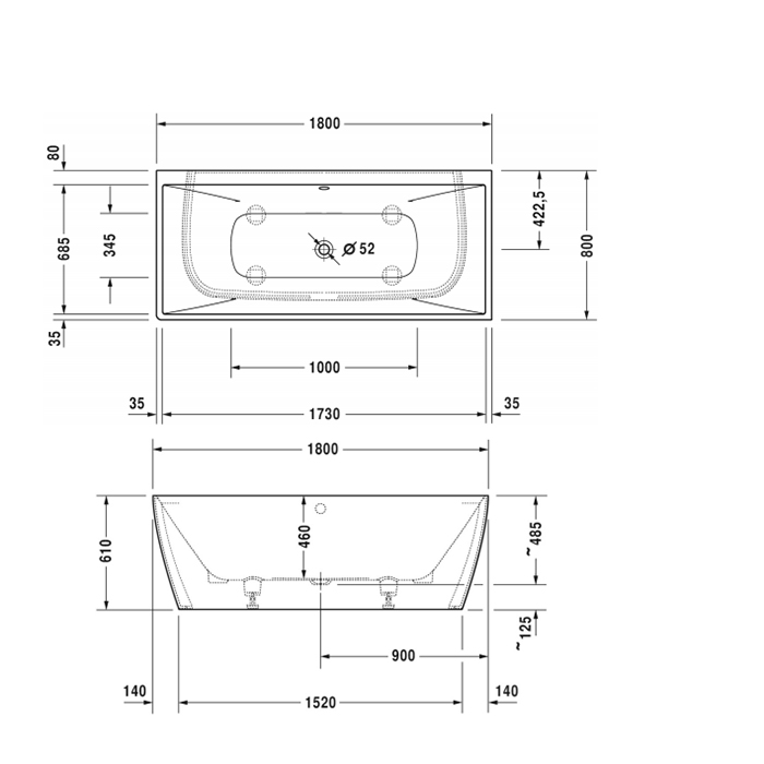 Duravit DuraSquare Ванна 180x80см,  пристенный вариант, с ножками и панелью, с 2 наклонами для спины , цвет: белый