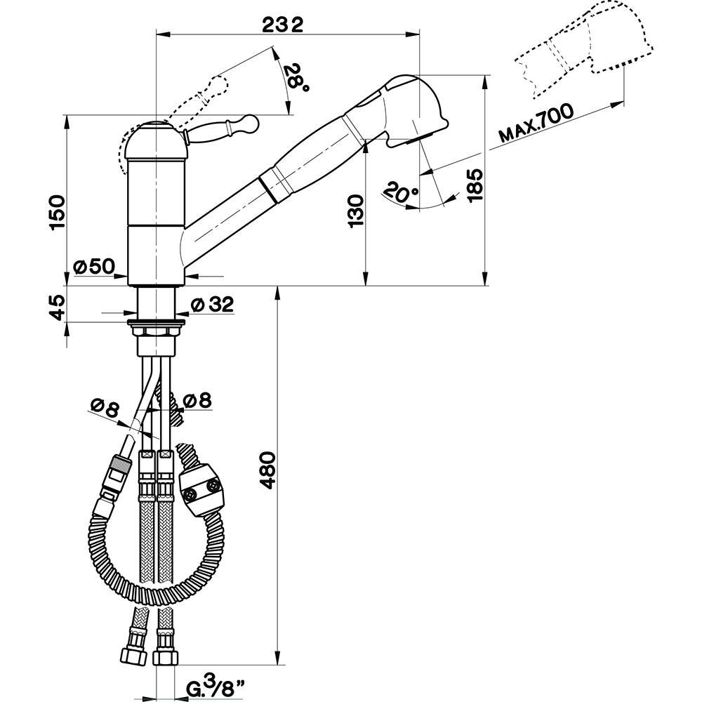 CISAL Arcana Royal Смеситель для кухни на 1 отверстие, с выдвижным изливом, цвет: хром