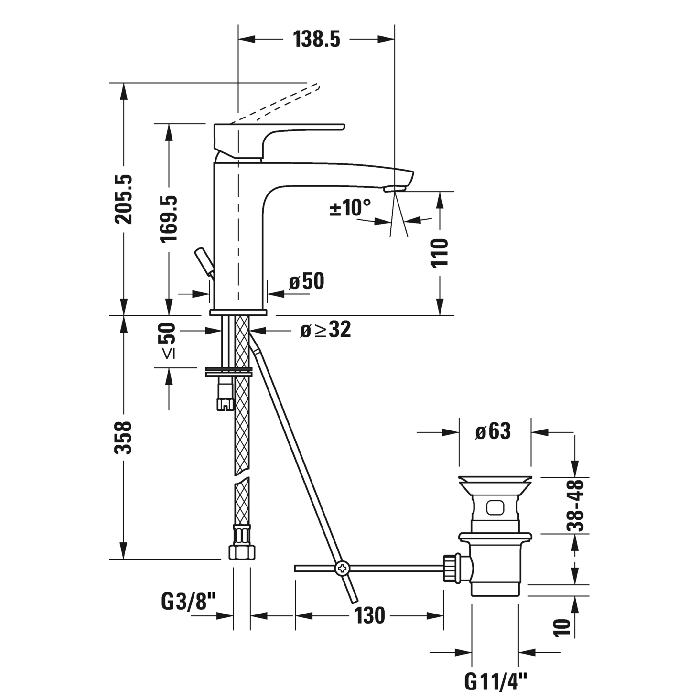 Duravit B.1 Смеситель для раковины, 1 отв., с донным клапаном, излив 139мм, цвет: хром