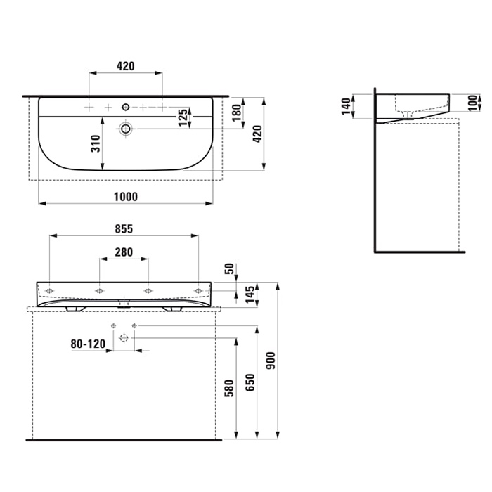 Laufen Sonar Раковина 100x42x14см., накладная, 2 отв., цвет: белый