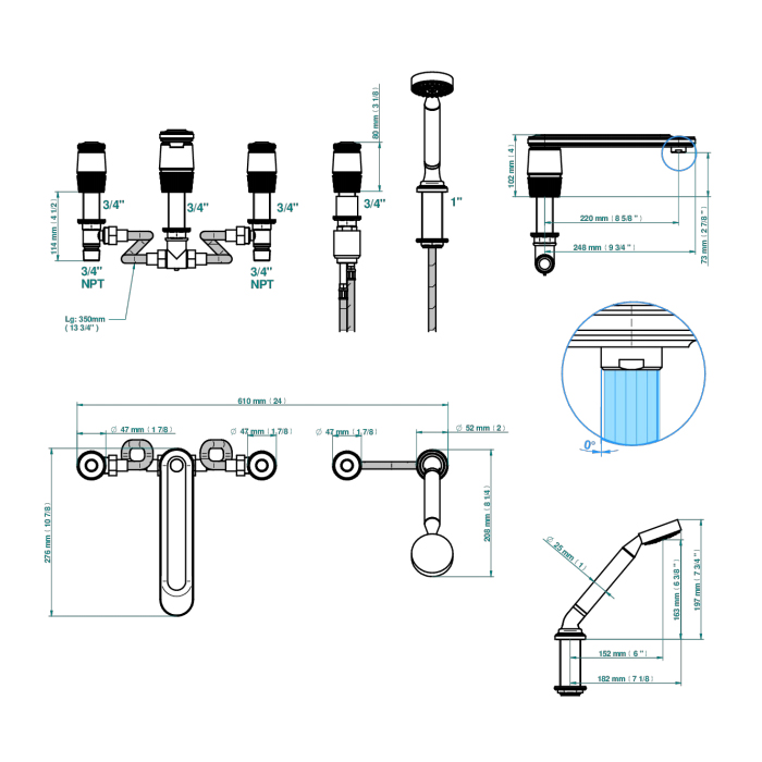 THG CORVAIR FIOR DI BOSCO Смеситель на борт ванны на 5 отверстий, двойной, с ручным душем, цвет: полированное золото