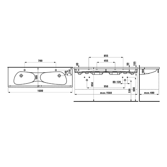 Laufen Palomba Раковина 160x50х4 см, с 1 отв., двойная, цвет: белый