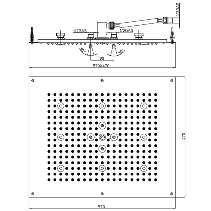 BOSSINI Dream Верхний душ 570 x 470 мм, с 8 LED RGB, 2 режима (дождь, распыление), блок питания/управления, Cromoterapia, цвет: хром