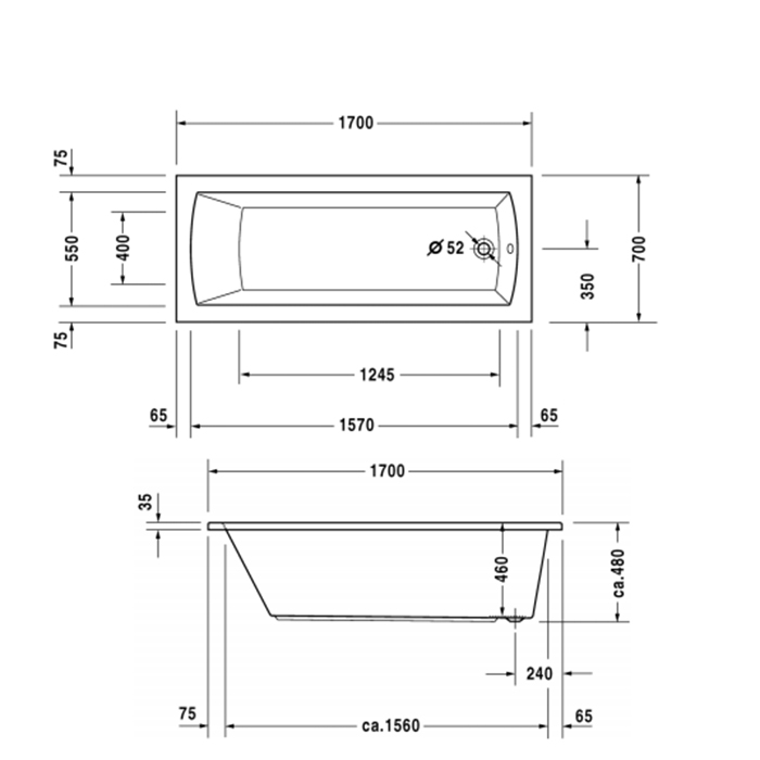 Duravit Daro Ванна 170х70x46см, акриловая, прямоугольная встраиваемая ,с наклоном для спины , цвет: белый