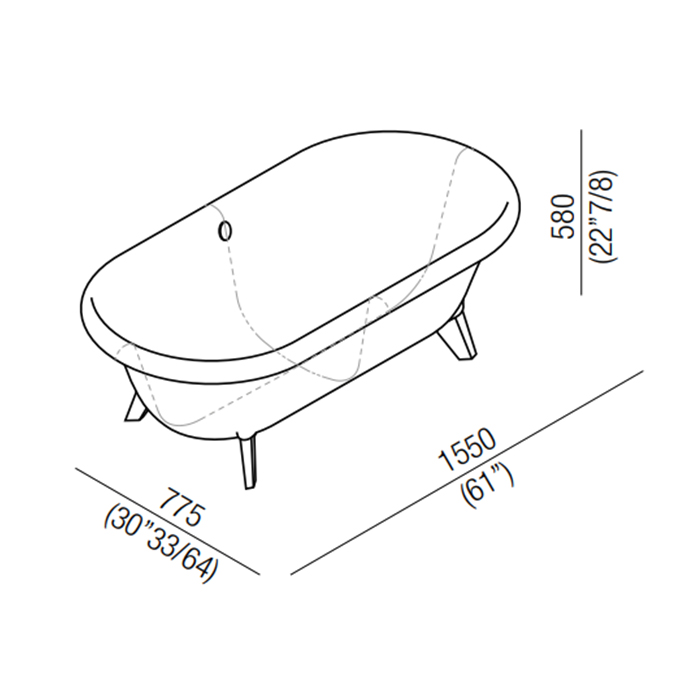 Agape Ottocento Small Ванна отдельностоящая 155x77.5x58 см, слив-перелив хром, цвет: темно-серый