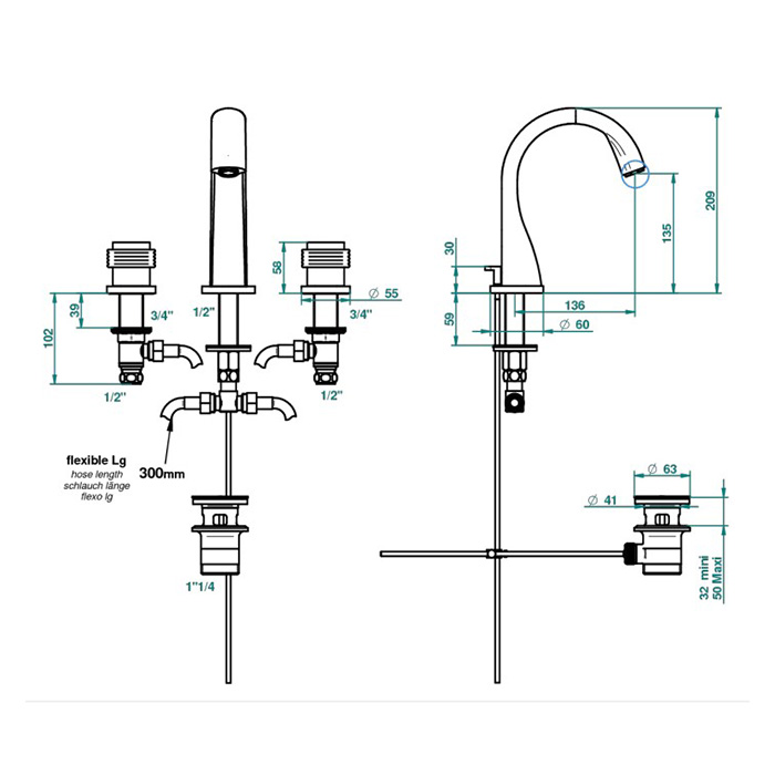  THG Diplomate grooved rings Смеситель для раковины на 3 отверстия, с донным клапаном, цвет: хром