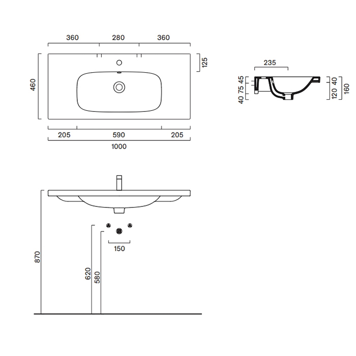 Catalano Alvea Раковина 100х46см., подвесная или на мебель, без отв., цвет: белый глянцевый
