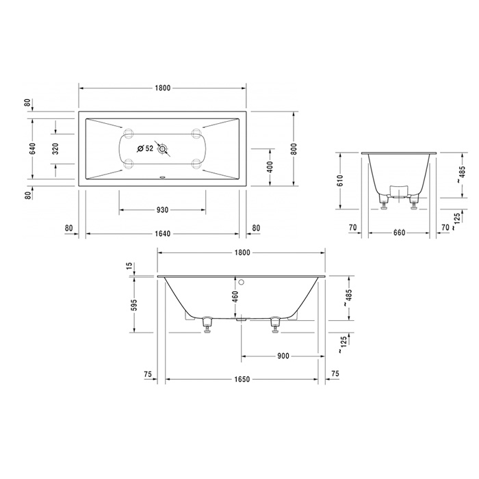 Duravit DuraSquare Ванна прямоугольная  встраиваемая 180x80см, с ножками, с2 наклонами для спины, цвет: белый