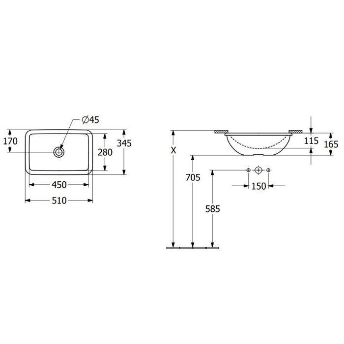 Villeroy&Boch Loop&Friends Раковина 45х28х18.5см., встраиваемая снизу, без отв., с переливом, цвет: альпийский белый