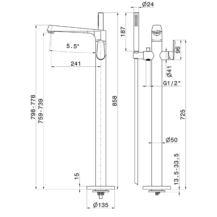 Newform Nio Смеситель для ванны, напольный, с ручным душем, внешняя часть, цвет: хром
