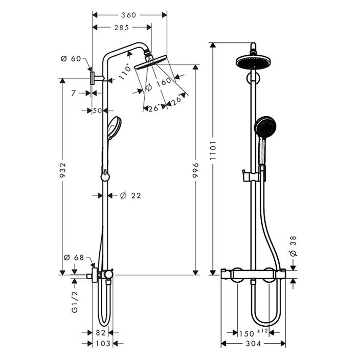 Hansgrohe Croma 160 Showerpipe, Душевой гарнитур 160 1jet Showerpipe, держатель 270 мм, цвет: Хром 