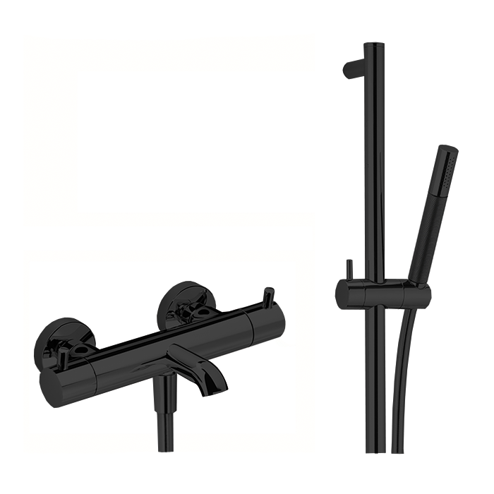 Cisal Less New Смеситель для ванны, настенный, термостатический, со штангой 60см, с ручным душем и шлангом 150см, цвет черный матовый