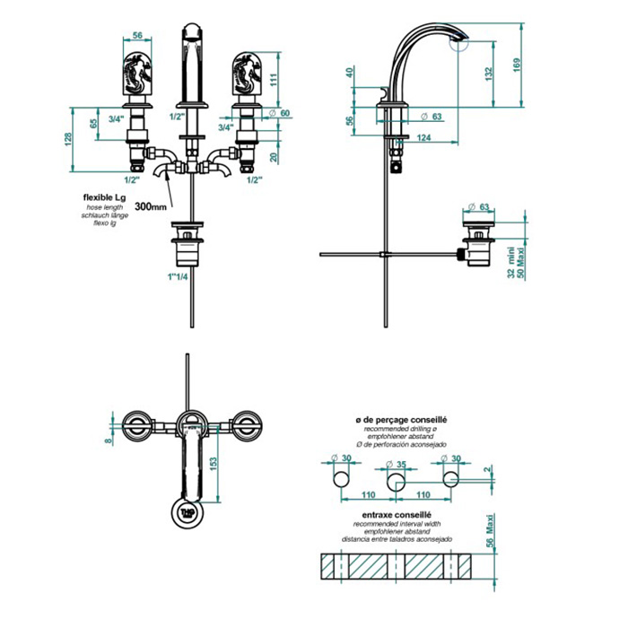 THG Naïade Смеситель для раковины на 3 отверстия, с донным клапаном, цвет: Soft gold