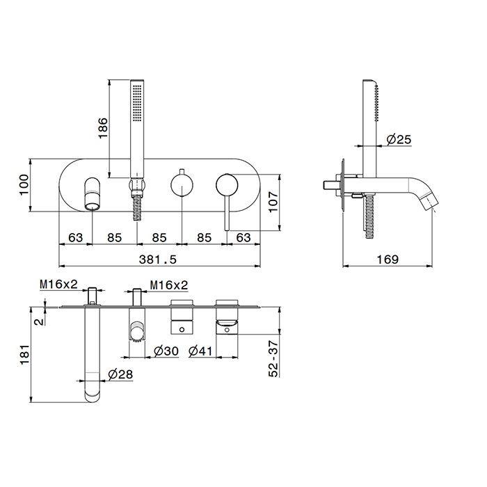 Newform XT Смеситель для ванны, встраиваемый, излив: 16.9см., с ручным душем, на декоративной пластине, цвет: Copper satin
