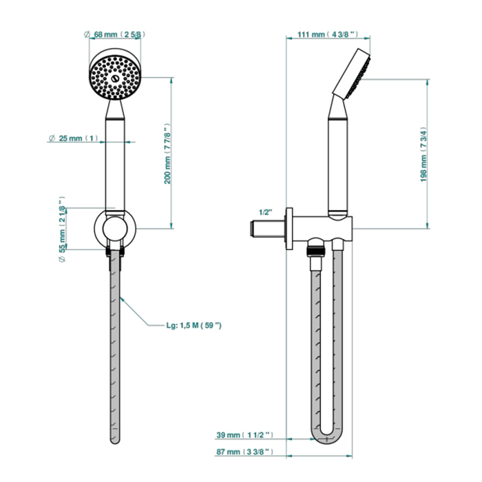 THG Spirit Душевой гарнитур: с ручным душем, настенным держателем, подводом воды и шлангом 150см., цвет: Soft matt gold