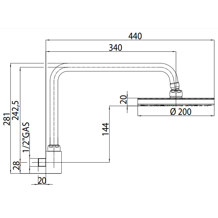 Bossini Oki Верхний душ 20см., настенный, с поворотной рукояткой 28.1см., цвет: хром