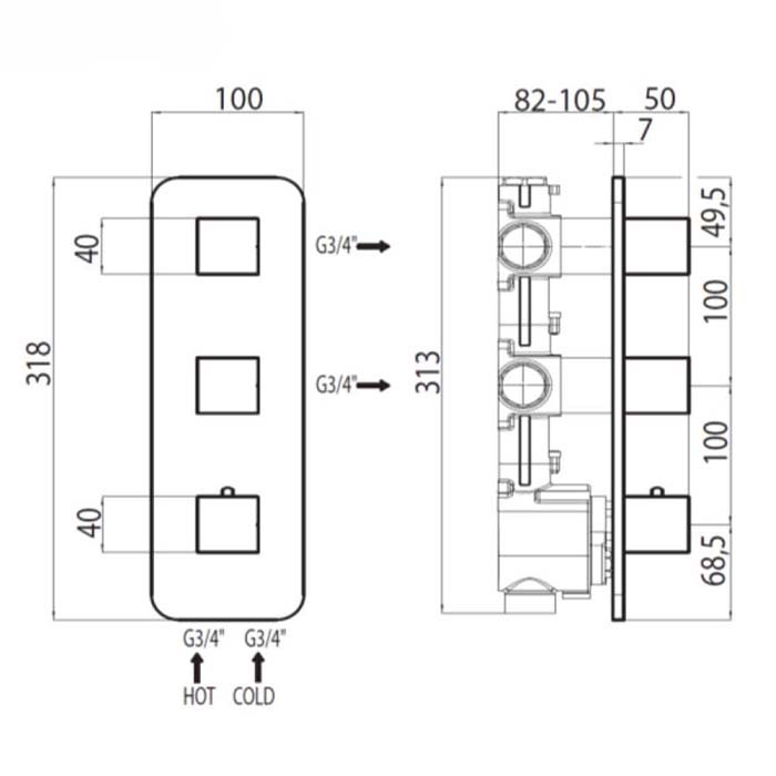 Bossini Oki Термостат для душа, встраиваемый, с девиаторм/запорным вентилем на 2 - 4 выхода, уст-ка верт/гор., цвет: хром