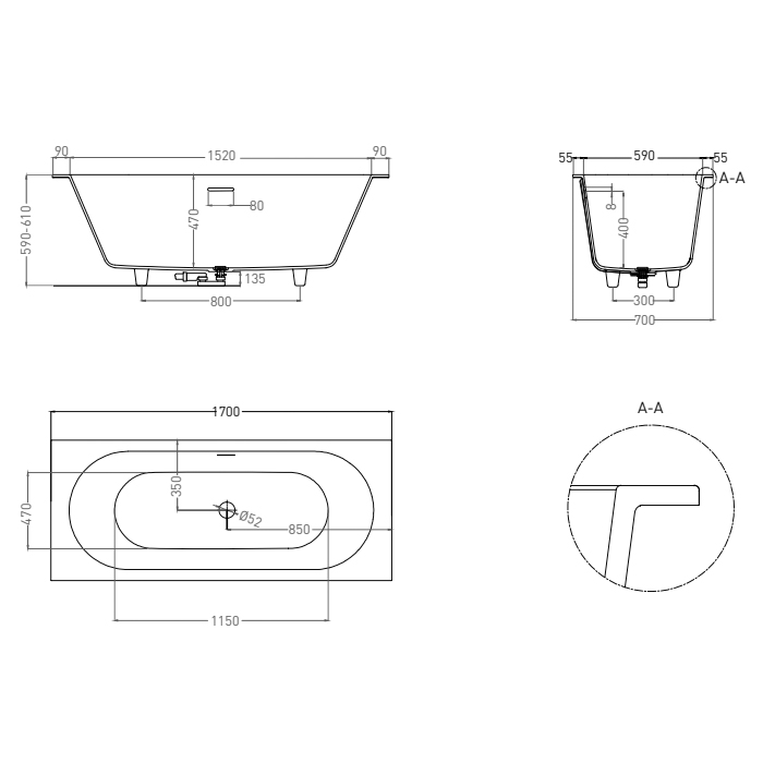 Salini Ornella Axis Ванна 170x70см., встраиваемая, S-Sense, цвет: белый матовый