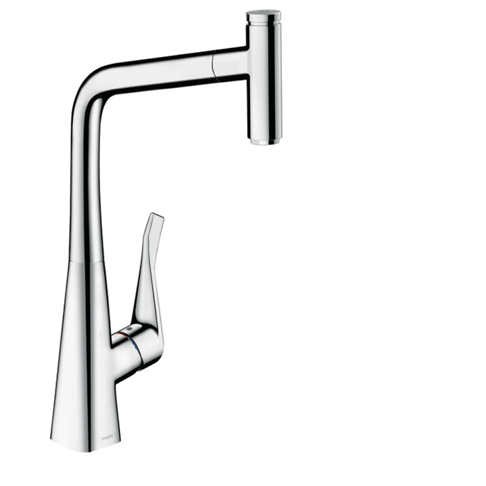 Hansgrohe Metris Select M71 Смеситель для кухни, на 1 отв, поворотный излив: 23.5см с вытяжным душем, 1jet, h: 33.3см, sBox, кнопка вкл/выкл, цвет: хром