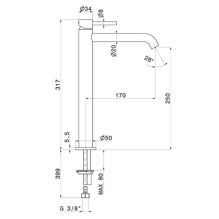 Newform X-Way Смеситель для раковины, на 1 отв., высокий, без донного клапана, излив 170мм, цвет: хром