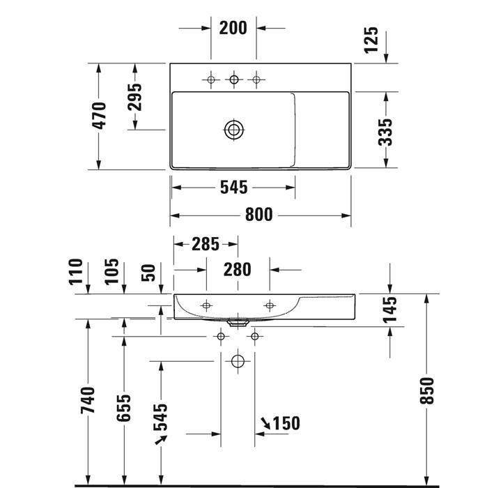 Duravit DuraSquare Раковина подвесная 80х47см, Sx, с отметками на 2 отв., с покрытием WonderGliss, без перелива, цвет: белый